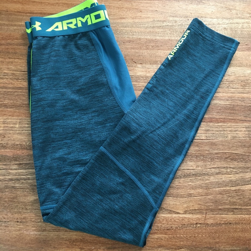 Mens Under Armour Compression Running Tights LARGE Teal Heather Elastic Waist UA